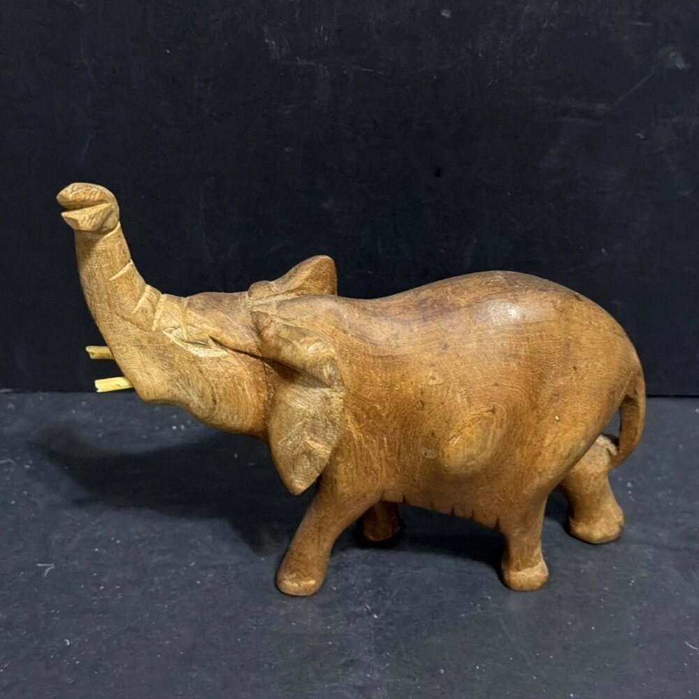 Vintage Hand Carved 5" Tall Wooden Elephant with Trunk Up & Tusks READ
